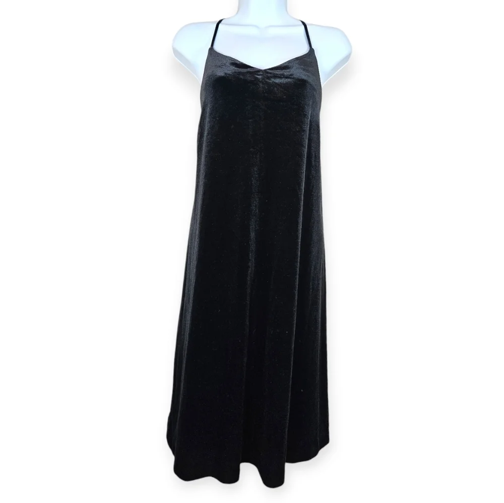 NWOT Loft black velvet halter A-line swing dress Womens Medium - Picture 2 of 9